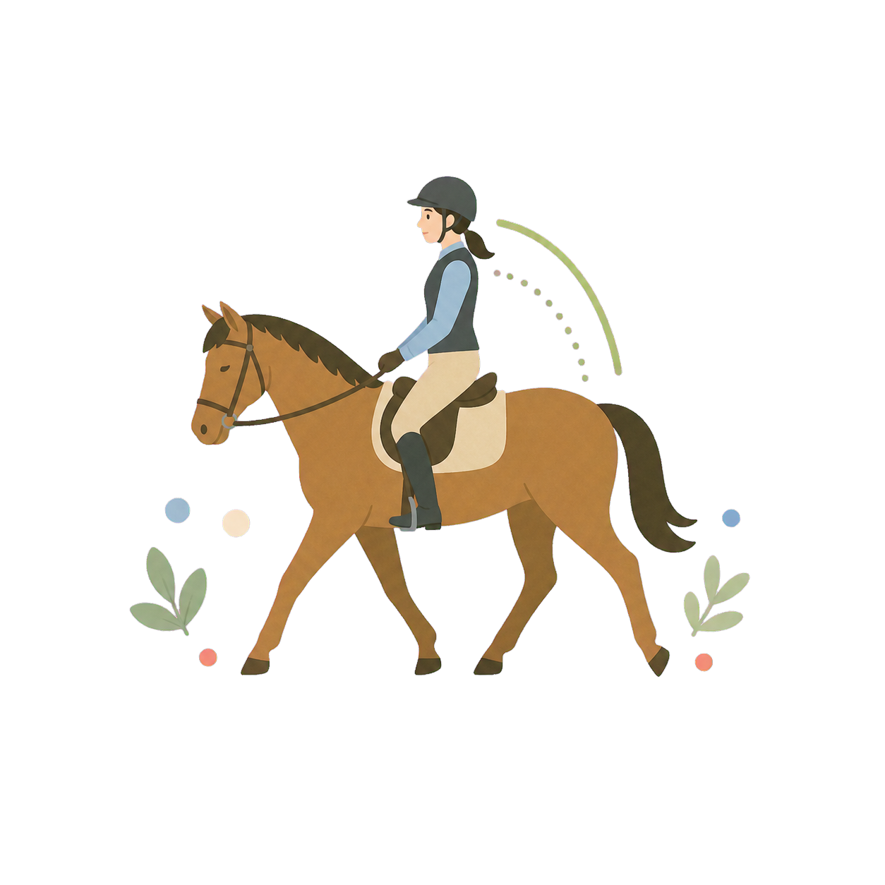 乗馬で姿勢とバランスを意識する様子の小さなフラットイラスト