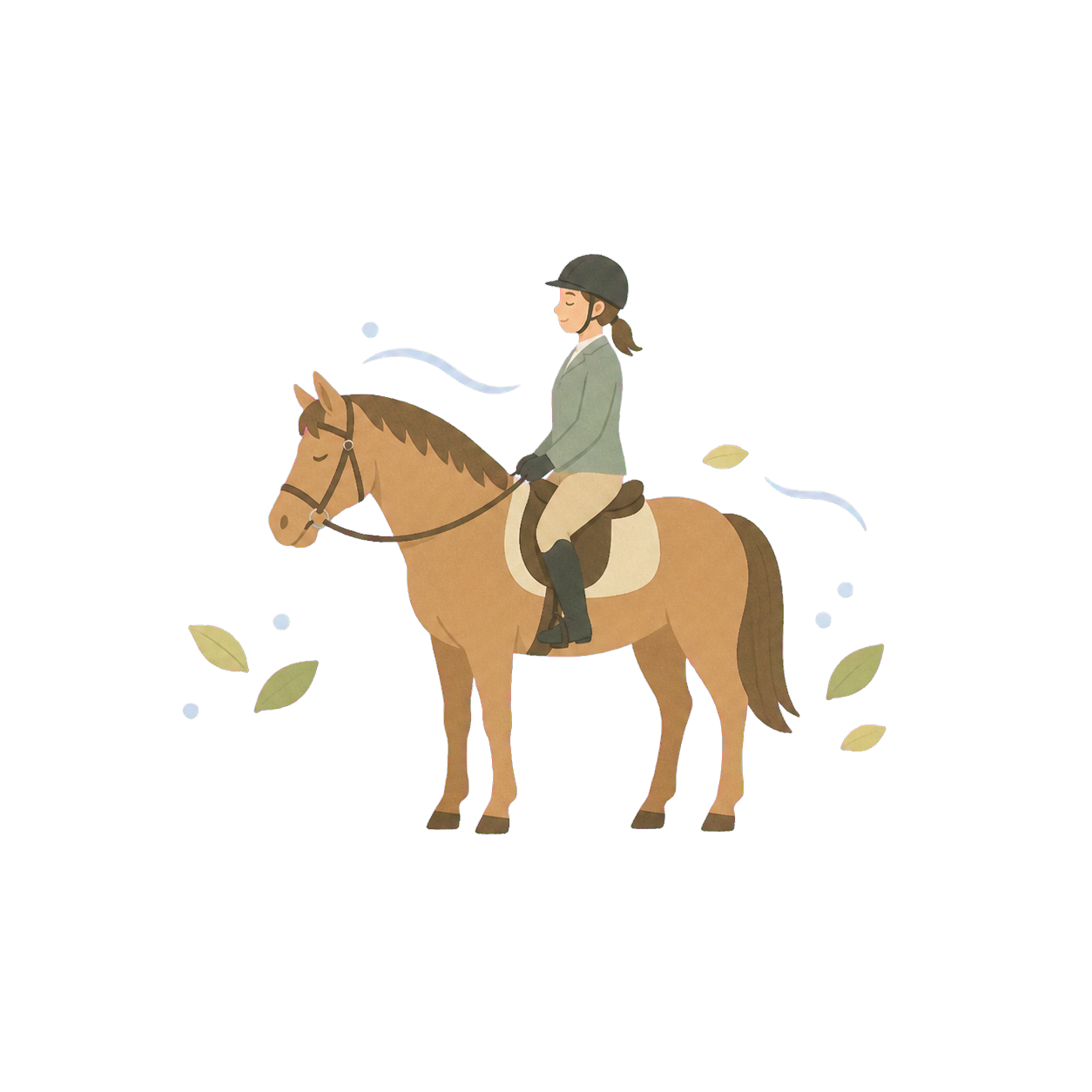 馬と静かに過ごすリフレッシュの時間を表した小さなフラットイラスト